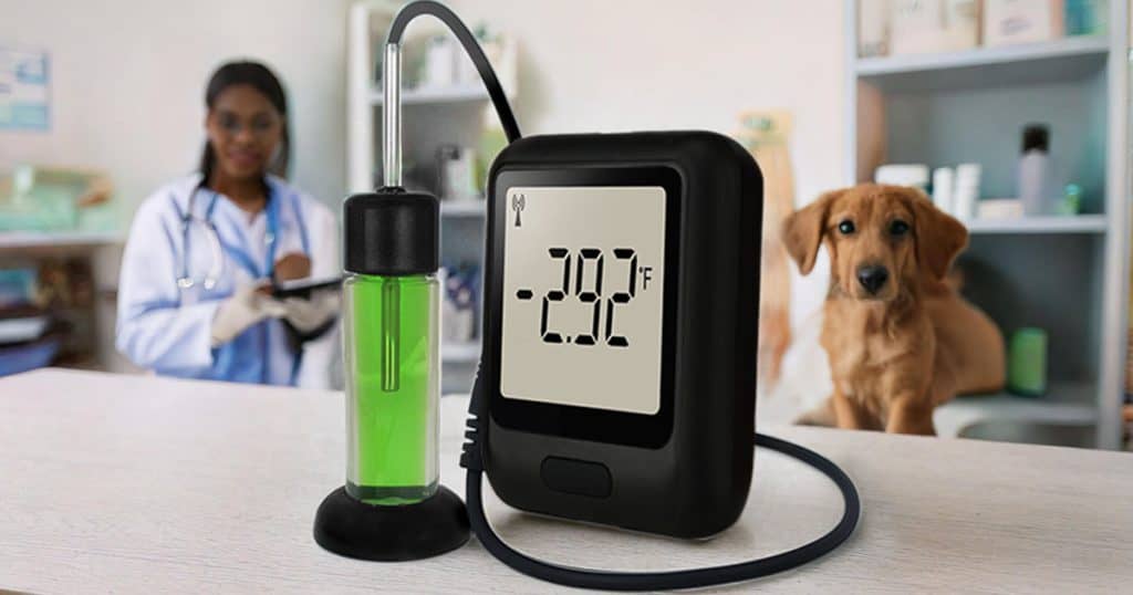 Vaccine device in Vet's office with dog